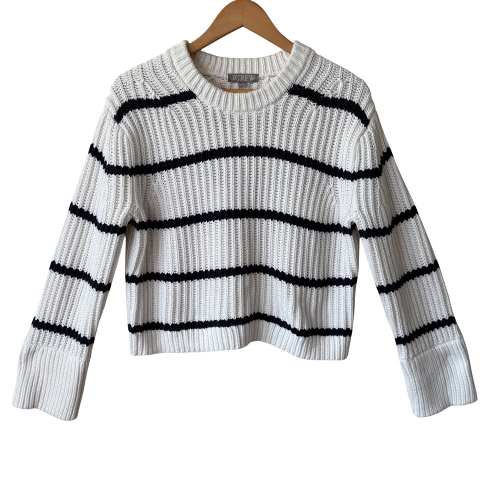 J.Crew Women 100% Cotton Sweater S White Blue Striped Cropped Pullover Nauica